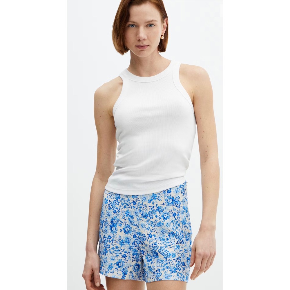 Mango MNG Women Blue White Floral Print High Waist Shorts